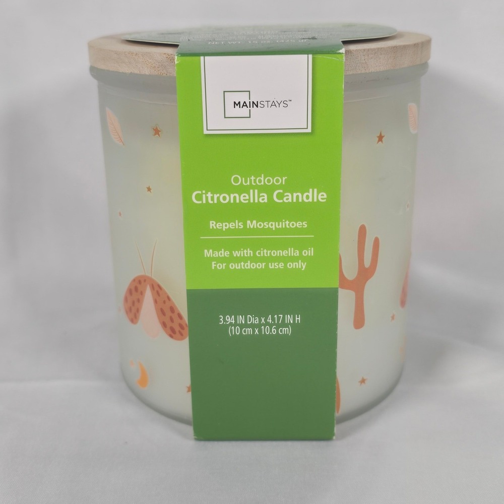 Mainstays Southwestern Citronella Candle 15oz Frosted Glass Jar Wood Lid Camp